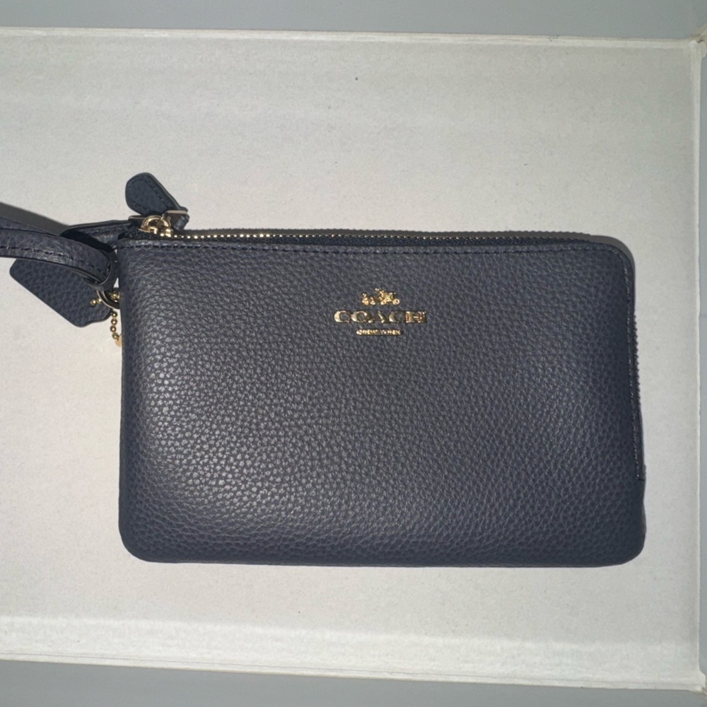 Coach Navy Blue Leather Wristlet with Gold Accents